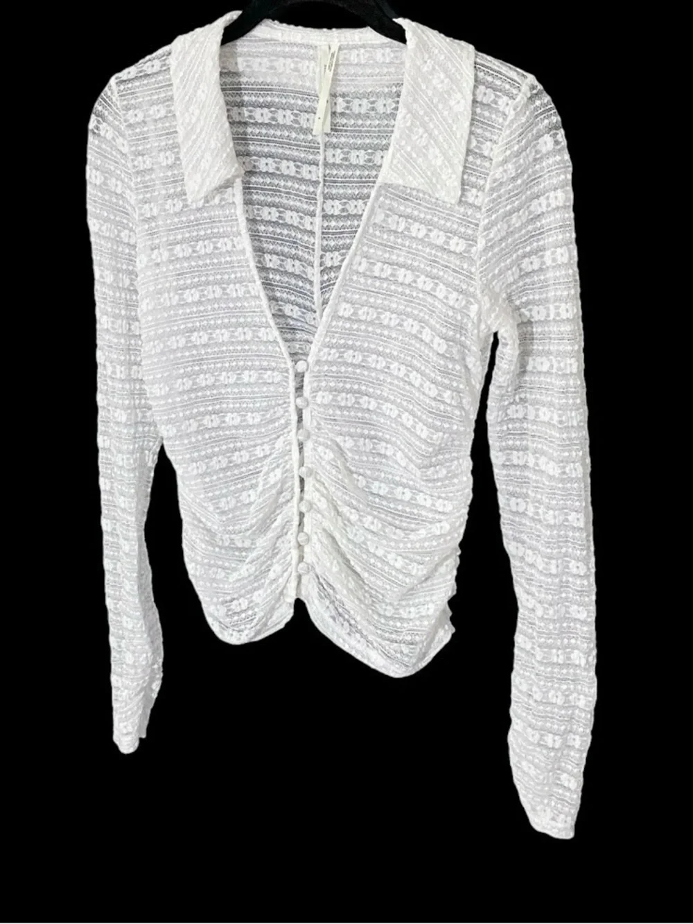By Anthropologie Long-Sleeve V-Neck Floral Lace Sheer Top White Size S Boho